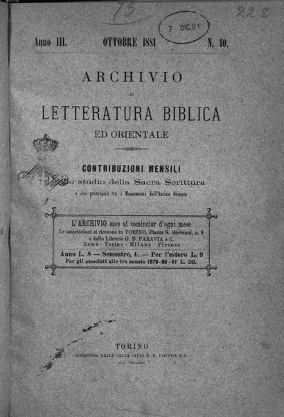 Archivio di letteratura biblica ed orientale contribuzioni mensili allo studio della Sacra Scrittura e dei principali tra i monumenti dell'antico oriente