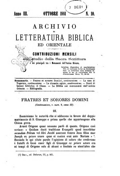 Archivio di letteratura biblica ed orientale contribuzioni mensili allo studio della Sacra Scrittura e dei principali tra i monumenti dell'antico oriente