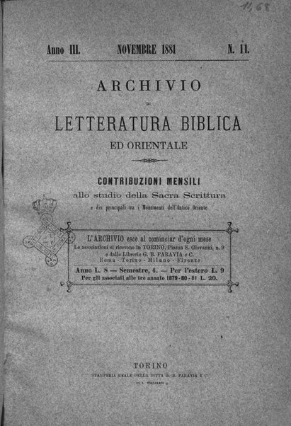 Archivio di letteratura biblica ed orientale contribuzioni mensili allo studio della Sacra Scrittura e dei principali tra i monumenti dell'antico oriente