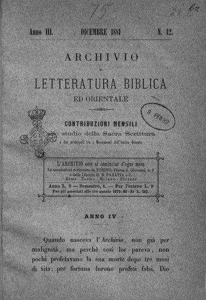 Archivio di letteratura biblica ed orientale contribuzioni mensili allo studio della Sacra Scrittura e dei principali tra i monumenti dell'antico oriente