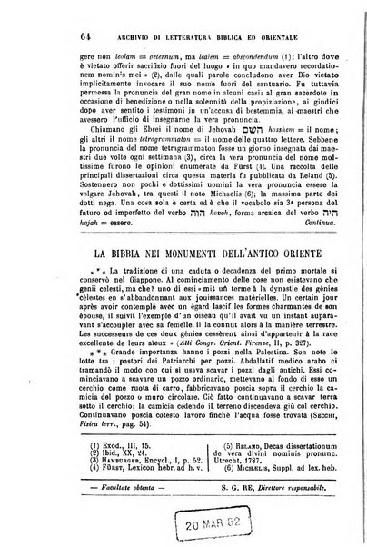 Archivio di letteratura biblica ed orientale contribuzioni mensili allo studio della Sacra Scrittura e dei principali tra i monumenti dell'antico oriente