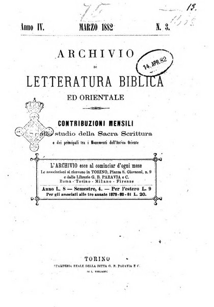 Archivio di letteratura biblica ed orientale contribuzioni mensili allo studio della Sacra Scrittura e dei principali tra i monumenti dell'antico oriente