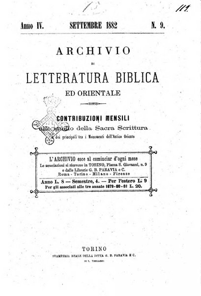 Archivio di letteratura biblica ed orientale contribuzioni mensili allo studio della Sacra Scrittura e dei principali tra i monumenti dell'antico oriente