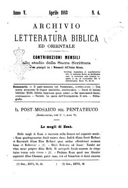 Archivio di letteratura biblica ed orientale contribuzioni mensili allo studio della Sacra Scrittura e dei principali tra i monumenti dell'antico oriente