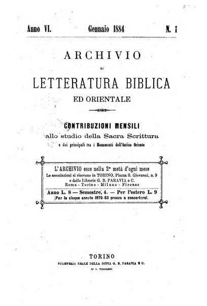 Archivio di letteratura biblica ed orientale contribuzioni mensili allo studio della Sacra Scrittura e dei principali tra i monumenti dell'antico oriente