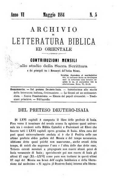 Archivio di letteratura biblica ed orientale contribuzioni mensili allo studio della Sacra Scrittura e dei principali tra i monumenti dell'antico oriente