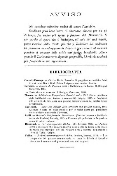 Archivio di letteratura biblica ed orientale contribuzioni mensili allo studio della Sacra Scrittura e dei principali tra i monumenti dell'antico oriente