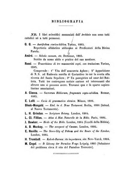 Archivio di letteratura biblica ed orientale contribuzioni mensili allo studio della Sacra Scrittura e dei principali tra i monumenti dell'antico oriente