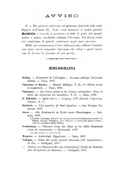 Archivio di letteratura biblica ed orientale contribuzioni mensili allo studio della Sacra Scrittura e dei principali tra i monumenti dell'antico oriente