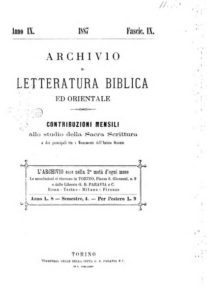 Archivio di letteratura biblica ed orientale contribuzioni mensili allo studio della Sacra Scrittura e dei principali tra i monumenti dell'antico oriente