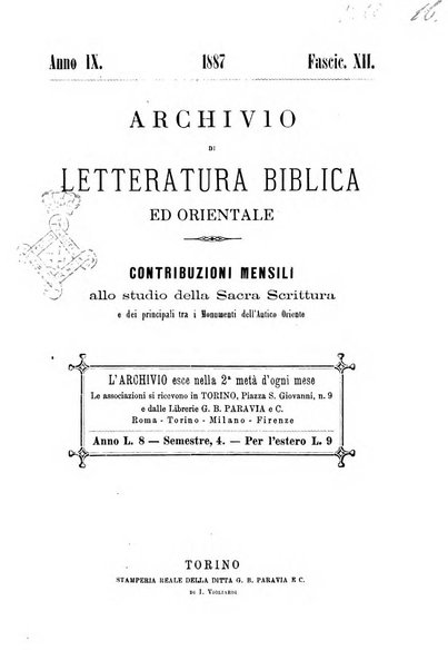 Archivio di letteratura biblica ed orientale contribuzioni mensili allo studio della Sacra Scrittura e dei principali tra i monumenti dell'antico oriente