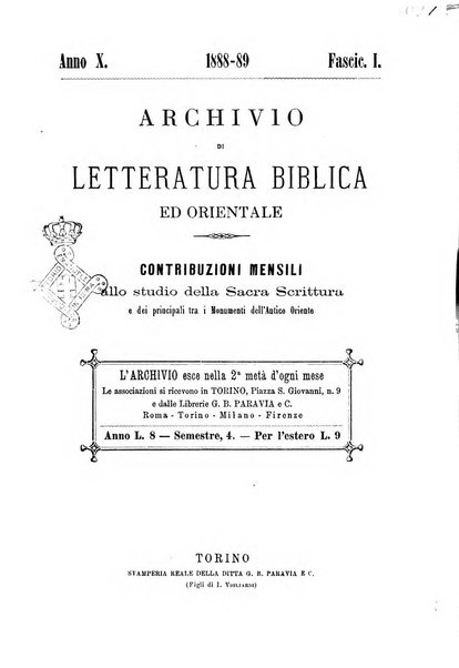 Archivio di letteratura biblica ed orientale contribuzioni mensili allo studio della Sacra Scrittura e dei principali tra i monumenti dell'antico oriente