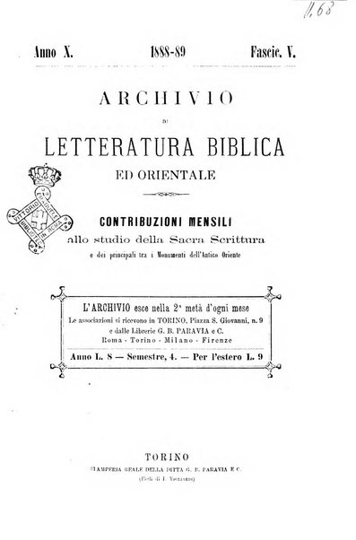 Archivio di letteratura biblica ed orientale contribuzioni mensili allo studio della Sacra Scrittura e dei principali tra i monumenti dell'antico oriente