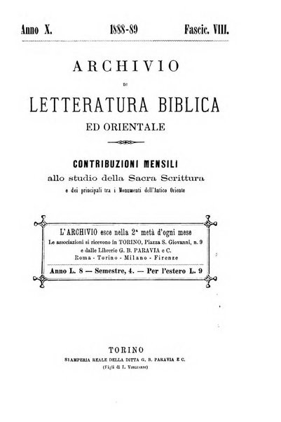 Archivio di letteratura biblica ed orientale contribuzioni mensili allo studio della Sacra Scrittura e dei principali tra i monumenti dell'antico oriente