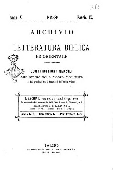 Archivio di letteratura biblica ed orientale contribuzioni mensili allo studio della Sacra Scrittura e dei principali tra i monumenti dell'antico oriente