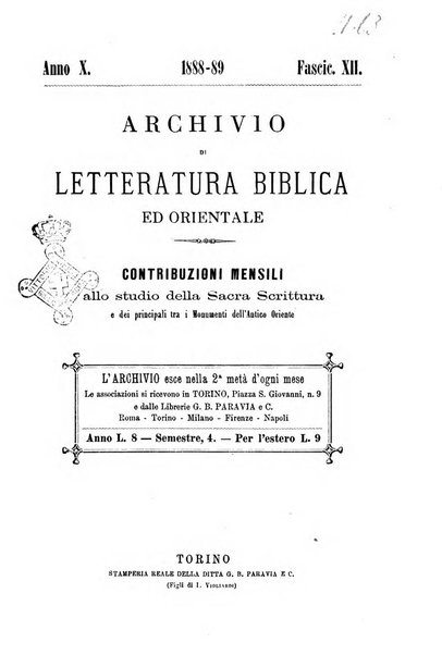 Archivio di letteratura biblica ed orientale contribuzioni mensili allo studio della Sacra Scrittura e dei principali tra i monumenti dell'antico oriente