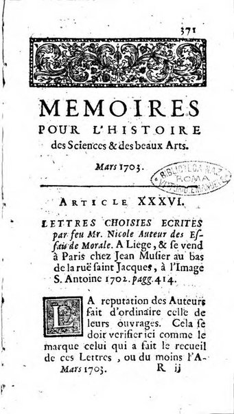 Mémoires pour l'histoire des sciences & des beaux-arts recüeillies par l'ordre de Son Altesse Serenissime Monseigneur Prince souverain de Dombes