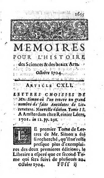 Mémoires pour l'histoire des sciences & des beaux-arts recüeillies par l'ordre de Son Altesse Serenissime Monseigneur Prince souverain de Dombes