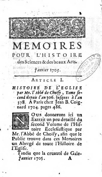 Mémoires pour l'histoire des sciences & des beaux-arts recüeillies par l'ordre de Son Altesse Serenissime Monseigneur Prince souverain de Dombes