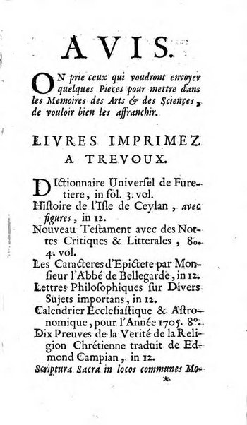 Mémoires pour l'histoire des sciences & des beaux-arts recüeillies par l'ordre de Son Altesse Serenissime Monseigneur Prince souverain de Dombes