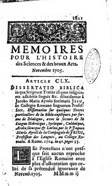 Mémoires pour l'histoire des sciences & des beaux-arts recüeillies par l'ordre de Son Altesse Serenissime Monseigneur Prince souverain de Dombes