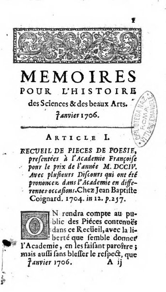 Mémoires pour l'histoire des sciences & des beaux-arts recüeillies par l'ordre de Son Altesse Serenissime Monseigneur Prince souverain de Dombes