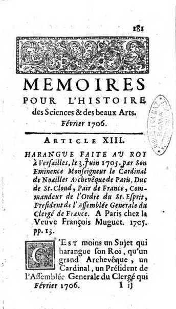 Mémoires pour l'histoire des sciences & des beaux-arts recüeillies par l'ordre de Son Altesse Serenissime Monseigneur Prince souverain de Dombes