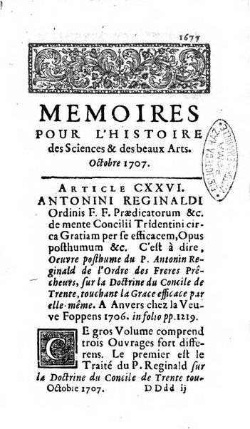 Mémoires pour l'histoire des sciences & des beaux-arts recüeillies par l'ordre de Son Altesse Serenissime Monseigneur Prince souverain de Dombes