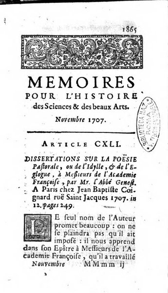 Mémoires pour l'histoire des sciences & des beaux-arts recüeillies par l'ordre de Son Altesse Serenissime Monseigneur Prince souverain de Dombes