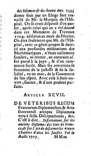 Mémoires pour l'histoire des sciences & des beaux-arts recüeillies par l'ordre de Son Altesse Serenissime Monseigneur Prince souverain de Dombes