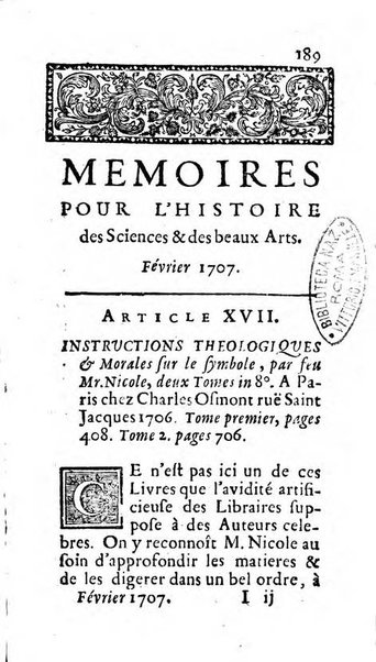 Mémoires pour l'histoire des sciences & des beaux-arts recüeillies par l'ordre de Son Altesse Serenissime Monseigneur Prince souverain de Dombes