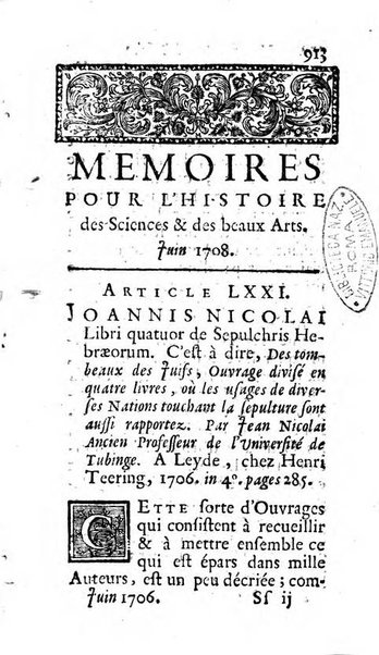 Mémoires pour l'histoire des sciences & des beaux-arts recüeillies par l'ordre de Son Altesse Serenissime Monseigneur Prince souverain de Dombes