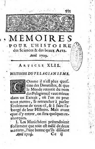 Mémoires pour l'histoire des sciences & des beaux-arts recüeillies par l'ordre de Son Altesse Serenissime Monseigneur Prince souverain de Dombes