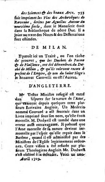 Mémoires pour l'histoire des sciences & des beaux-arts recüeillies par l'ordre de Son Altesse Serenissime Monseigneur Prince souverain de Dombes