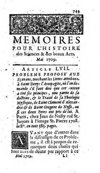 Mémoires pour l'histoire des sciences & des beaux-arts recüeillies par l'ordre de Son Altesse Serenissime Monseigneur Prince souverain de Dombes