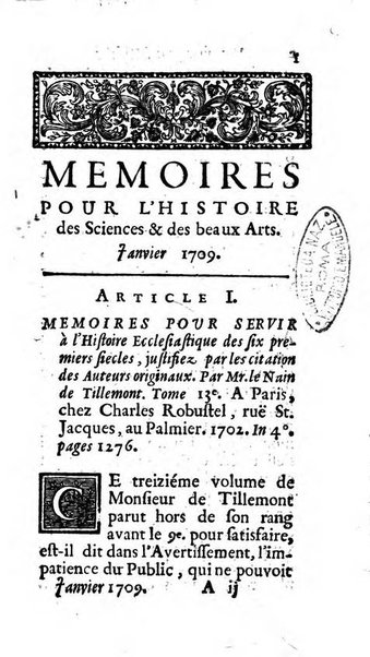 Mémoires pour l'histoire des sciences & des beaux-arts recüeillies par l'ordre de Son Altesse Serenissime Monseigneur Prince souverain de Dombes