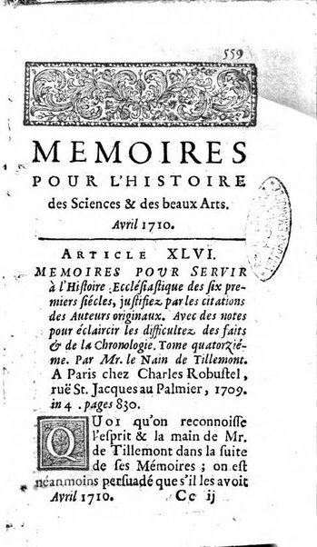 Mémoires pour l'histoire des sciences & des beaux-arts recüeillies par l'ordre de Son Altesse Serenissime Monseigneur Prince souverain de Dombes