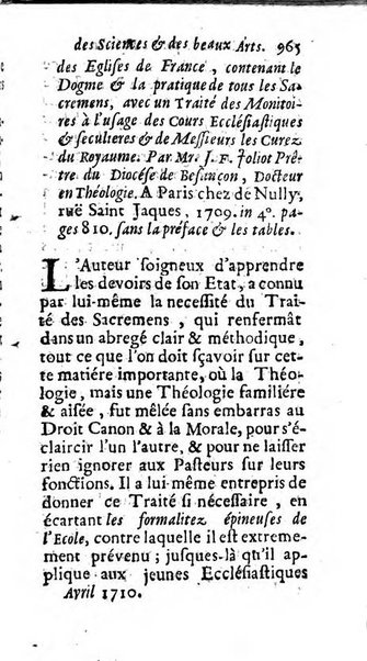 Mémoires pour l'histoire des sciences & des beaux-arts recüeillies par l'ordre de Son Altesse Serenissime Monseigneur Prince souverain de Dombes