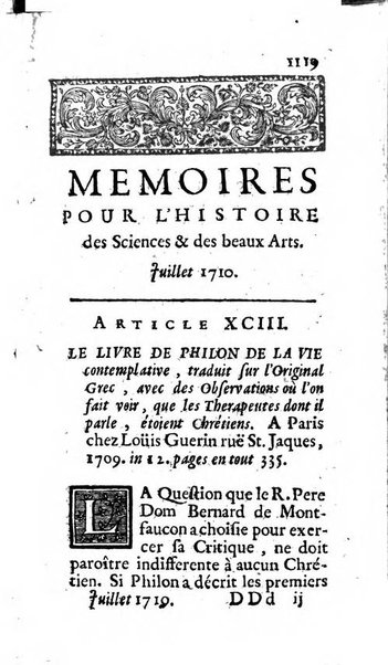 Mémoires pour l'histoire des sciences & des beaux-arts recüeillies par l'ordre de Son Altesse Serenissime Monseigneur Prince souverain de Dombes