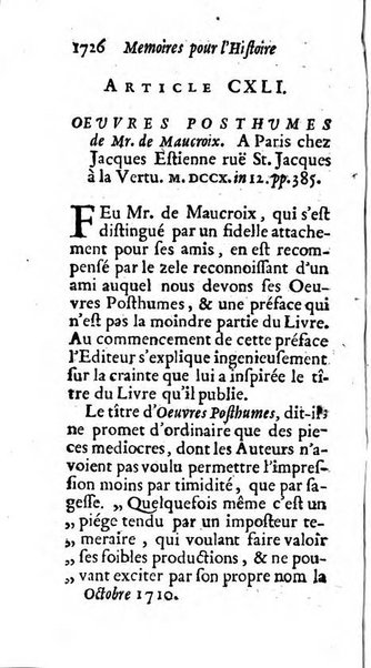 Mémoires pour l'histoire des sciences & des beaux-arts recüeillies par l'ordre de Son Altesse Serenissime Monseigneur Prince souverain de Dombes