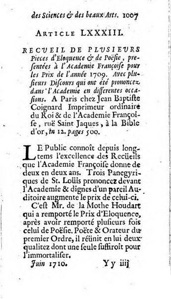 Mémoires pour l'histoire des sciences & des beaux-arts recüeillies par l'ordre de Son Altesse Serenissime Monseigneur Prince souverain de Dombes