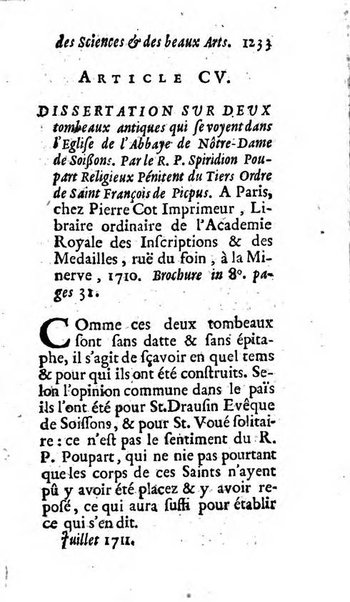 Mémoires pour l'histoire des sciences & des beaux-arts recüeillies par l'ordre de Son Altesse Serenissime Monseigneur Prince souverain de Dombes