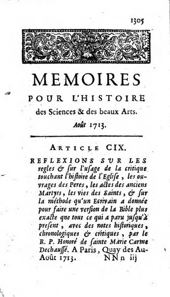 Mémoires pour l'histoire des sciences & des beaux-arts recüeillies par l'ordre de Son Altesse Serenissime Monseigneur Prince souverain de Dombes