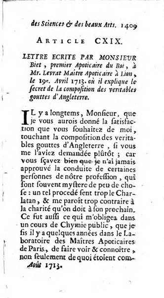 Mémoires pour l'histoire des sciences & des beaux-arts recüeillies par l'ordre de Son Altesse Serenissime Monseigneur Prince souverain de Dombes