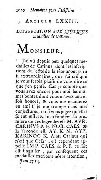 Mémoires pour l'histoire des sciences & des beaux-arts recüeillies par l'ordre de Son Altesse Serenissime Monseigneur Prince souverain de Dombes