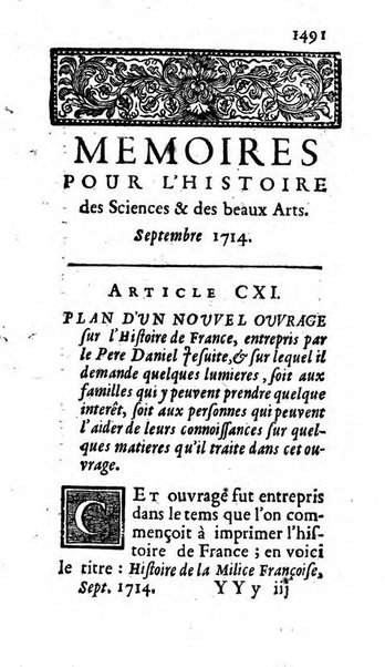 Mémoires pour l'histoire des sciences & des beaux-arts recüeillies par l'ordre de Son Altesse Serenissime Monseigneur Prince souverain de Dombes