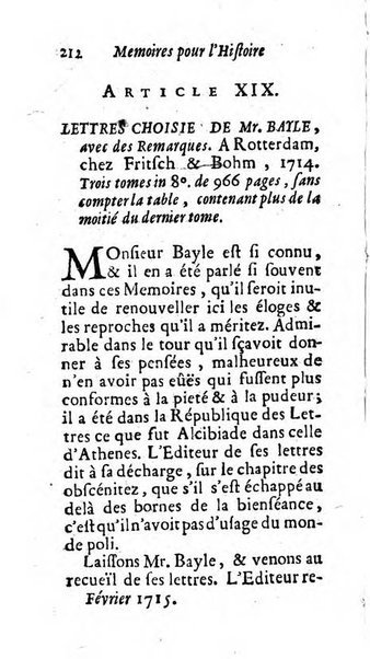 Mémoires pour l'histoire des sciences & des beaux-arts recüeillies par l'ordre de Son Altesse Serenissime Monseigneur Prince souverain de Dombes