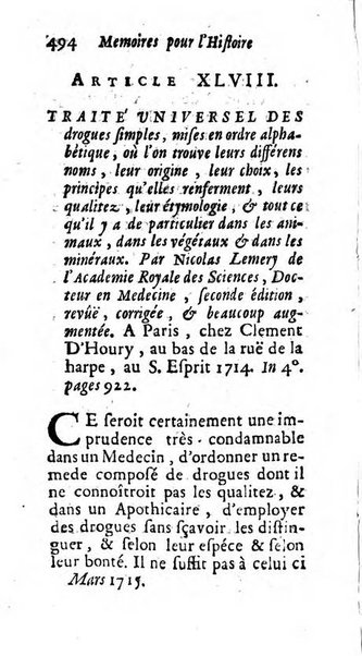 Mémoires pour l'histoire des sciences & des beaux-arts recüeillies par l'ordre de Son Altesse Serenissime Monseigneur Prince souverain de Dombes