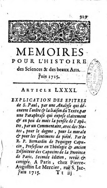 Mémoires pour l'histoire des sciences & des beaux-arts recüeillies par l'ordre de Son Altesse Serenissime Monseigneur Prince souverain de Dombes