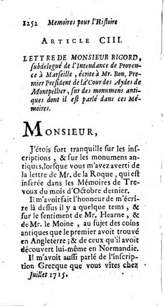 Mémoires pour l'histoire des sciences & des beaux-arts recüeillies par l'ordre de Son Altesse Serenissime Monseigneur Prince souverain de Dombes